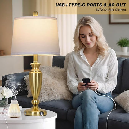 27" Gold Table Lamp Single, Touch Control Modern Bedroom Lamp with USB A+C Ports, 3-Way Metal Bedside Lamp, Elegant Brass Table Lamp for Night Stand Desk Side Table Office (Bulb Inclued)