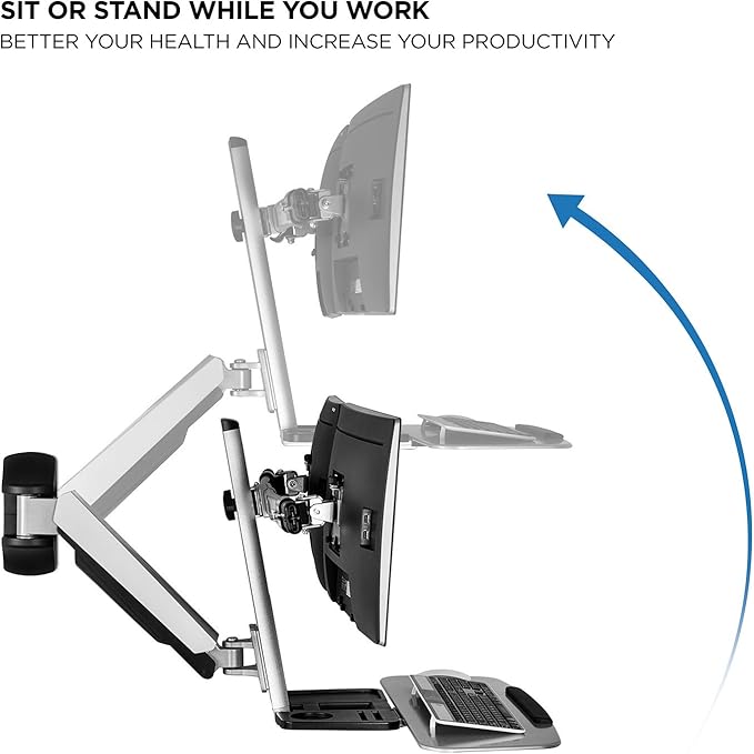 Mount-It! Sit Stand Dual Monitor Wall Mount Workstation & Stand Up Computer Station with Articulating Keyboard Tray Arm and CPU Holder