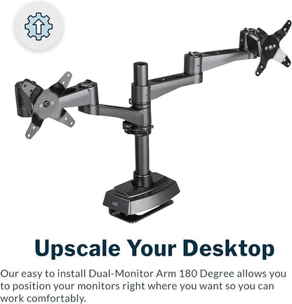 Vari Dual Monitor Arm 180 Degree - VESA Compatible Mount w/ 180 Degree Adjustment - Monitors up to 27 inches, 19.8 lbs - Double Arms for Compact Spaces - Computer Monitor Stand for Home or Office