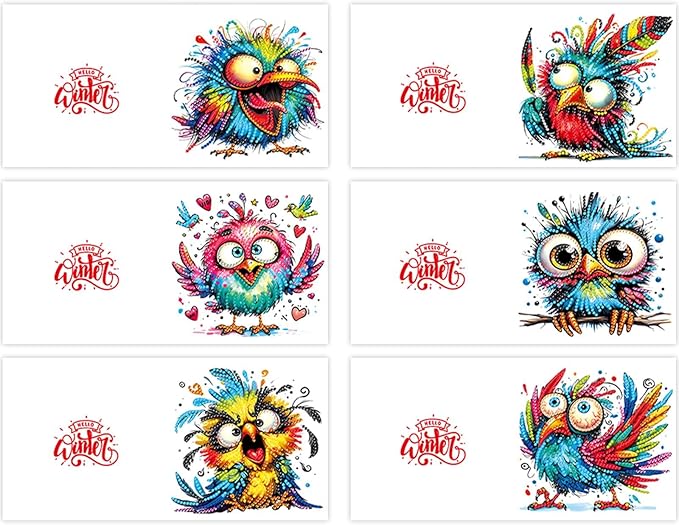 6PCS Diamond Art Painting Greeting Card Set, Bird Pattern DIY Cards with Envelopes for Xmas Birthdays Special Occasion Blessing