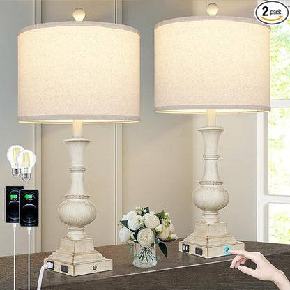 26" Farmhouse Table Lamps Set of 2, Rustic Touch Control Bedside Lamps with 2 USB Ports & AC Outlet, Vintage White Resin 3-Way Dimmable Nightstand Lamp Linen Fabric Shade for Living Room Bedroom Decor