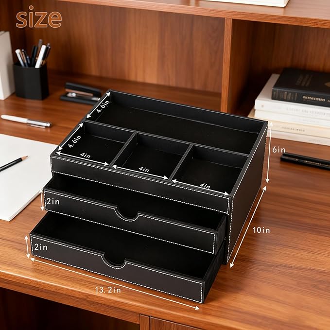 Household Multifunctional Desktop Storage Cabinet, Office file Cabinet Made of Leather, Drawers and Four Separate Organizers, Storage Box on the Bedside Table in the Room (black)
