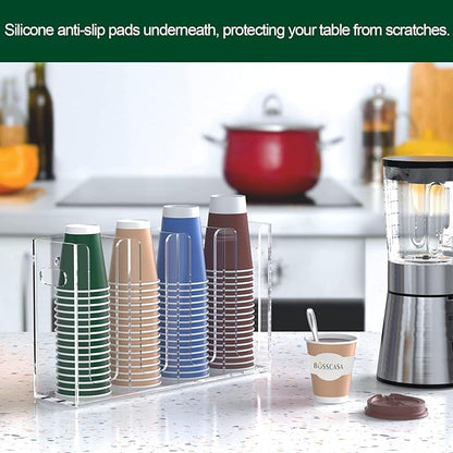 Disposable Coffee Cup Dispenser with Handles, Countertop or Wall Mount Hot/Cold Drink Cup and Lid Holder - Bathroom/Kitchen/Office Acrylic Cup Lid Storage Organizer (4 Compartments, Clear)