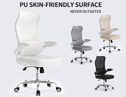 TRALT Ergonomic Office Chair - Desk Chair with Wave High Back Adjustable Lumbar Support Computer Chair - Gaming Chairs Mesh Backrest and PU Leather Seat for Home Reading Chairs to Adults(White)
