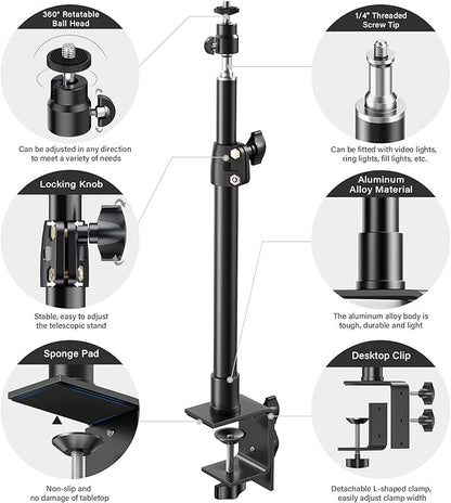 2-Pack Camera Desk Mount Stand with 1/4" Ball Head and Cold Shoe Mount Adapter,12.9-22" Tabletop Mounts Stand, Adjustable Aluminum Desktop Light Stand, for DSLR Camera, Ring Light, Video Light