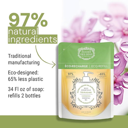 Panier des Sens - Liquid Hand Soap Refills - Verbena Foaming Hand Soap Refill - French Moisturizing Hand Wash with Coconut Oil - Kitchen & Bathroom- 97% Natural - 34 Fl.oz