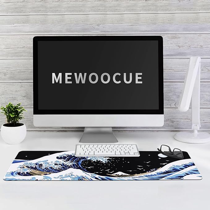 MEWOOCUE® Gaming Mouse Pad for Desk,Large Wave Mousepad Laptop,Black Japanese Anime Mouse Mat,Long XXL Waterproof Keyboard Pads,Big Non-Slip Mousepads for Game Office Home（35.4 x 15.7 in）