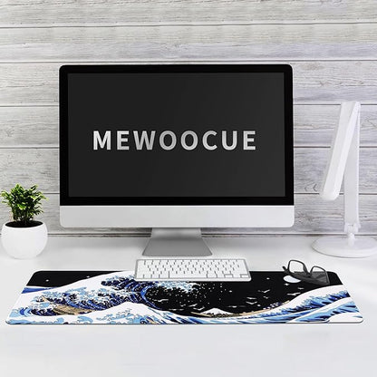 MEWOOCUE® Gaming Mouse Pad for Desk,Large Wave Mousepad Laptop,Black Japanese Anime Mouse Mat,Long XXL Waterproof Keyboard Pads,Big Non-Slip Mousepads for Game Office Home（35.4 x 15.7 in）