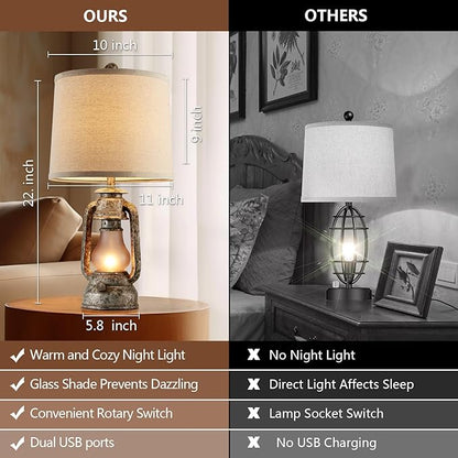 RORIANO Farmhouse Rustic Table Lamps for Living Room Set of 2, Vintage Lantern Table Lamp with Dual USB Ports, Retro Nightstand Lamp for Bedroom Bedside, 4 Bulbs Included (Iron Gray)
