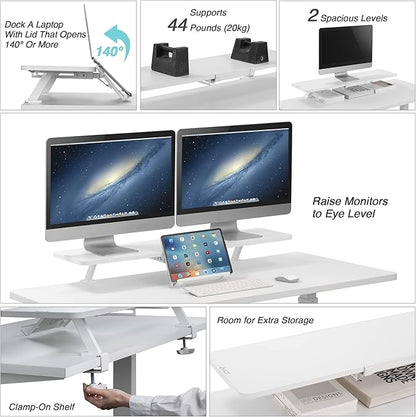 AVLT Clamp Desk Shelf Dual 32" Monitor Riser With Slide-out Holder for Convertible Laptop, Tablet, Smartphone (Black) - Floating Stand (Clamp-On Shelf Only)