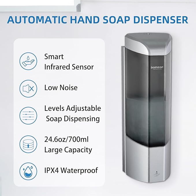 Automatic Soap Dispenser Wall Mount 700ml,Touchless Electric Sensor Liquid Gel Hand Sanitizer Dispenser Battery Operated for Office Home Kitchen Bathroom Hotel Restaurant Commercial (B-162-Sliver)