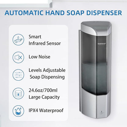Automatic Soap Dispenser Wall Mount 700ml,Touchless Electric Sensor Liquid Gel Hand Sanitizer Dispenser Battery Operated for Office Home Kitchen Bathroom Hotel Restaurant Commercial (B-162-Sliver)