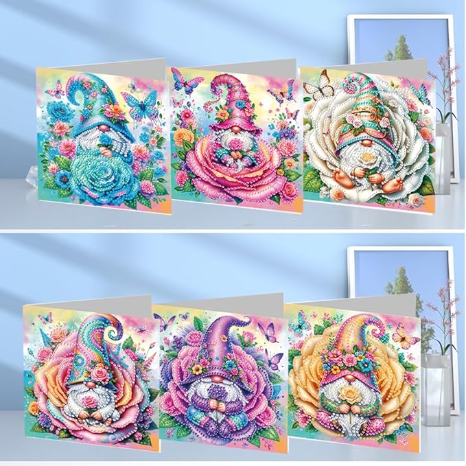 6PCS Diamond Art Painting Greeting Cards,Happy Birthday Cards with Envelopes,DIY Card Making Kits Thank You Card Arts Crafts for Birthday(Gnome)