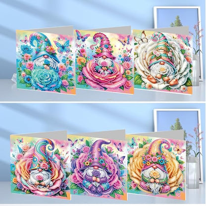 6pcs DIY Rose Gnome Diamond Art Painting Greeting Cards Kit, Rhinestone Art Holiday Birthday Card Set with Envelopes, DIY Festival Craft for Girlfriend, Christmas Valentine Gift Making Supplies