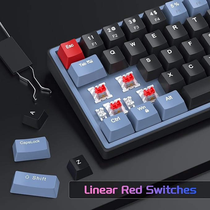 MageGee 60% Mechanical Gaming Keyboard, 68 Keys Compact Blue LED Backlit Gaming Keyboards, SKY68 Wired Ergonomic Mini Office Keyboard for Windows PC Gamer (Red Switch, Blue & Black)