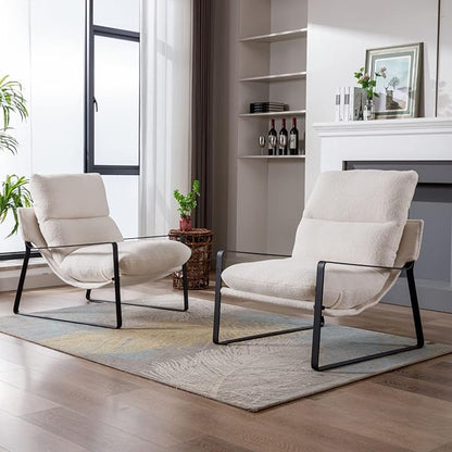 LukeAlon Modern Sherpa Accent Armchairs Set of 2, Upholstered Living Room Chairs with Metal Base Thickened Cushion Single Sofa Chairs Comfy Lounge Chairs for Bedroom Living Room, White