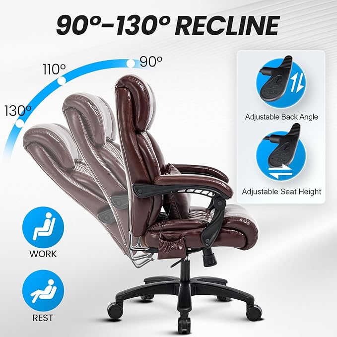 Big and Tall Office Chair, 500LBS Heavy Duty Massage Desk Chair, Ergonomic Executive Office Chair with High Back and Lumbar Support, Brown