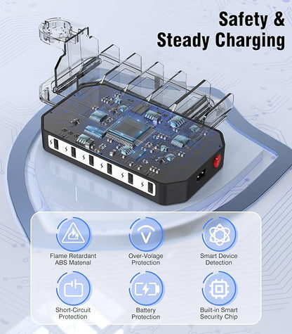 Charging Station for Multiple Devices: 6 Port USB Charger Stations - Family Multi-Device Organizer Charging Dock - Safer Designed for iPhone iPad Android Cell Phone Tablet(6 Cables Included)