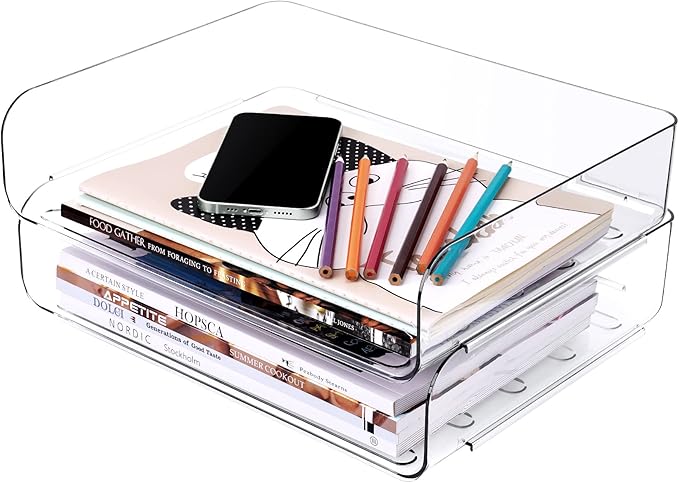 Tomorotec Desk Letter Tray Set, A4 Size Clear PET Stackable Document Organizer Office Desktop File Paper Holder Book Storage Rack Side Load Anti-Skid Stacking Support Convex Bottom (2X Landscape)