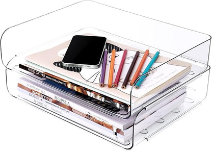 Tomorotec Desk Letter Tray Set, A4 Size Clear PET Stackable Document Organizer Office Desktop File Paper Holder Book Storage Rack Side Load Anti-Skid Stacking Support Convex Bottom (2X Landscape)