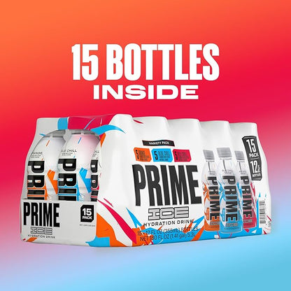 Prime ICE Hydration Variety Pack Smooth & Refreshing Low-Calorie Sports Drink with 10% Coconut Water, 500+ mg Electrolytes & Zero Added Sugar, 12 fl oz Bottles, Pack of 15