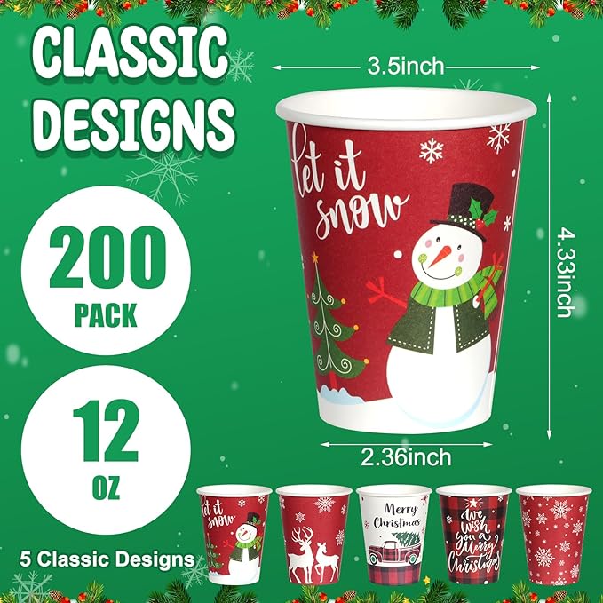 Hallswl 200 Pieces 12 oz Christmas Paper Cups with Lids, Disposable Coffee Cups for Cold Beverage Hot Drinking,Snowflake Snowman Truck Elk Plaid Pattern To Go Cup for Christmas Decorations