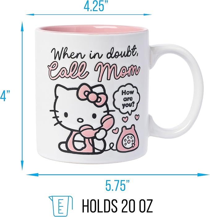 Silver Buffalo Sanrio Hello Kitty “When in Doubt, Call Mom” Wax Resist Ceramic Mug, 20 Ounces