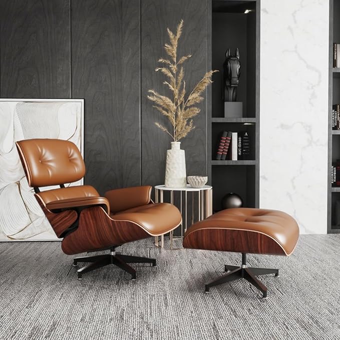 Mid Century Chaise Lounge Chair with Ottoman, Top Black Grain Leather, Modern Office Chair Classic Design, Heavy Duty Base Support for Living Room Study Lounge Office