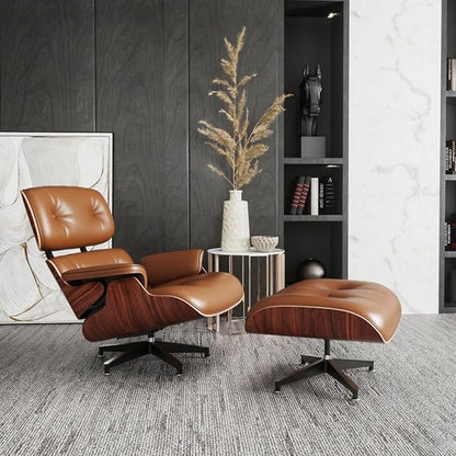 Mid Century Chaise Lounge Chair with Ottoman, Top Black Grain Leather, Modern Office Chair Classic Design, Heavy Duty Base Support for Living Room Study Lounge Office
