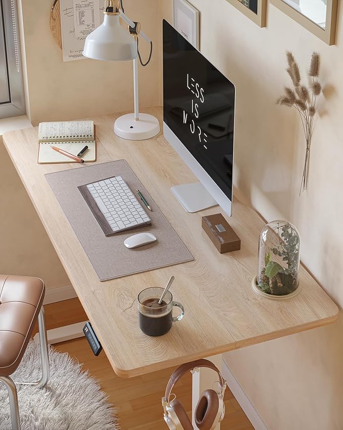 FEZIBO Standing Desk, 63×28 Inches Electric Height Adjustable, Sit Stand Up Table, Computer Office Desk with Splice Board, While Frame/Maple TOP