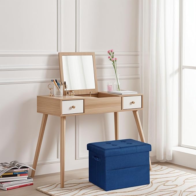 Storage Ottoman Foot Rest, Folding Linen Cotton Ottoman with Storage with Side Pockets and Handle, Foot Stool for Lounge, Study Corner, Home Office, 17x17x13 Inches, Dark Blue