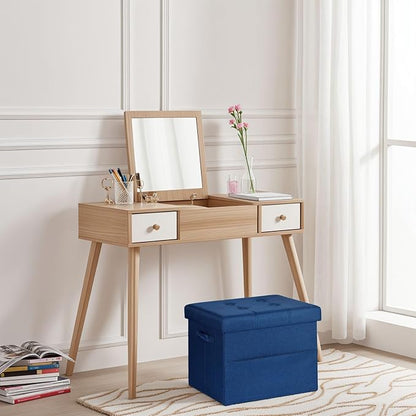 Storage Ottoman Foot Rest, Folding Linen Cotton Ottoman with Storage with Side Pockets and Handle, Foot Stool for Lounge, Study Corner, Home Office, 17x17x13 Inches, Dark Blue