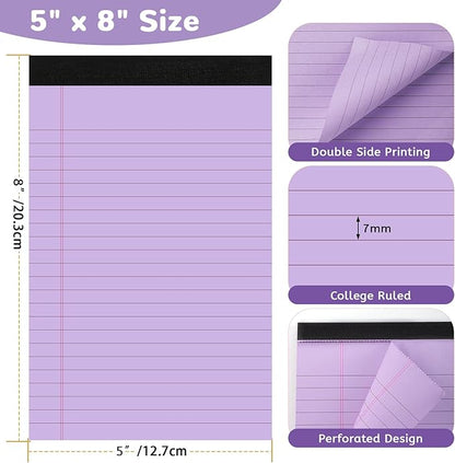 8 Packs Small Note Pads 5x8, Total 400 Sheets Color Legal Pad 5x8 College Ruled Small Legal Pad Perforated Lined Writing Pads for Home, Study, Office, To-Do Lists, notepad, Multicolor
