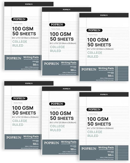 POPRUN White Legal Pads 8.5 x 11.75 College Ruled, 100GSM Writing Paper Pad, Bulk Lined Notepad Notebooks for Work School, Classroom Office Supplies, 6 Pack
