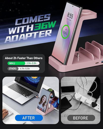5 in 1 Wireless Charger for Samsung, Wireless Charging Station for Multiple Devices, Fast Charger Stand for Samsung Galaxy S25 Ultra S24 S23 S22 S20 Note 20 10 Z Fold 7 6 Galaxy Watch 7 6 5 Buds, Pink