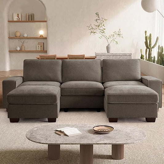 TEKAMON 100" Modular Sectional Sofa with Seats Storage, U Shaped Couch with Movable Ottomans, Chenille Fabric Couch for Living Room, USB Port, Removable Cover(Brown, 3 Seater & 2 Ottomans- U Shape)
