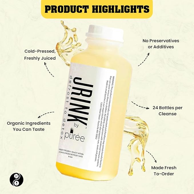 JRINK by Purée Ginger Lemon Juice, Cold Pressed Juice Cleanse with Organic Lemon Ginger, Detox Drink from Raw Fruit and Vegetable, No Preservatives, Healthy Cleanse, 16oz Bottles, 24 Pack