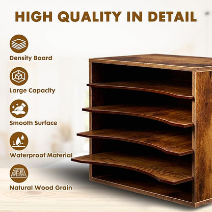 EMERIT Paper Organzier Wood Desktop Organizer Storage Letter Tray File Sorter with Adjustable Shelves for Home Office