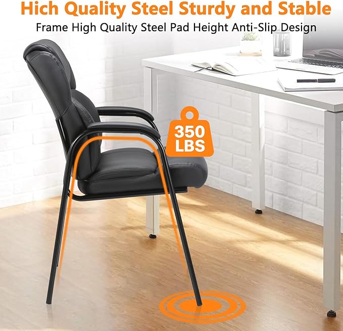 CLATINA Black Guest Chair with Arms, Office Reception Chairs for Conference and Waiting Room, Ergonomic Leather Visitor Desk Chair No Wheels Side Office Home Chairs