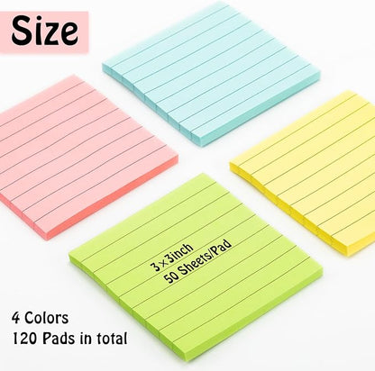 Fainne 120 Pack Sticky Notes 3x3 Bulk Back to School Supplies Self Stick Note Pads Lined Adhesive Paper Memo Colorful Gifts for First Day of School Student Teacher Office, 50 Sheets/Pad