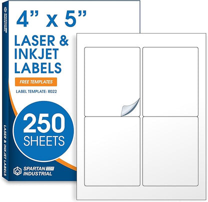 4" X 5" Printable Shipping Labels Compatible with Inkjet and Laser Printers - 250 Sheets, 1000 Total Matte White Paper Stickers for Mailing and Addresses - Spartan Industrial Template R022