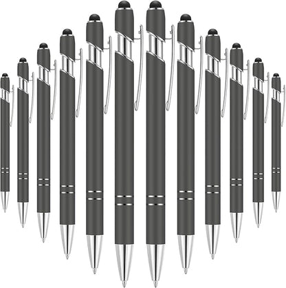 Tenare 12 Pieces 2 in 1 Stylus Metal Ballpoint Pen with Stylus Tip, 1.0 mm Black Ink Ballpoint Pen for Touch Screens(Gray and Silver)