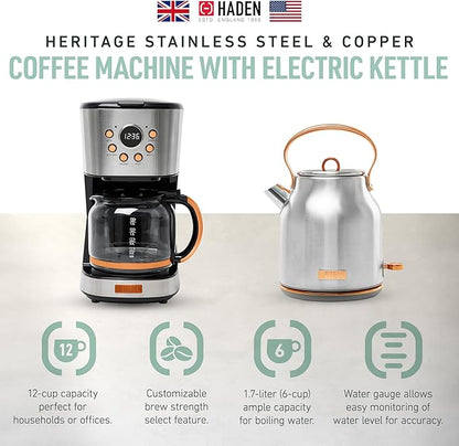 HADEN Heritage 1.7 Liter Stainless Steel Electric Kettle Bundled with 12 Cup Drip Coffee Maker, Coffee Machine with Auto Shut-Off, Steel & Copper