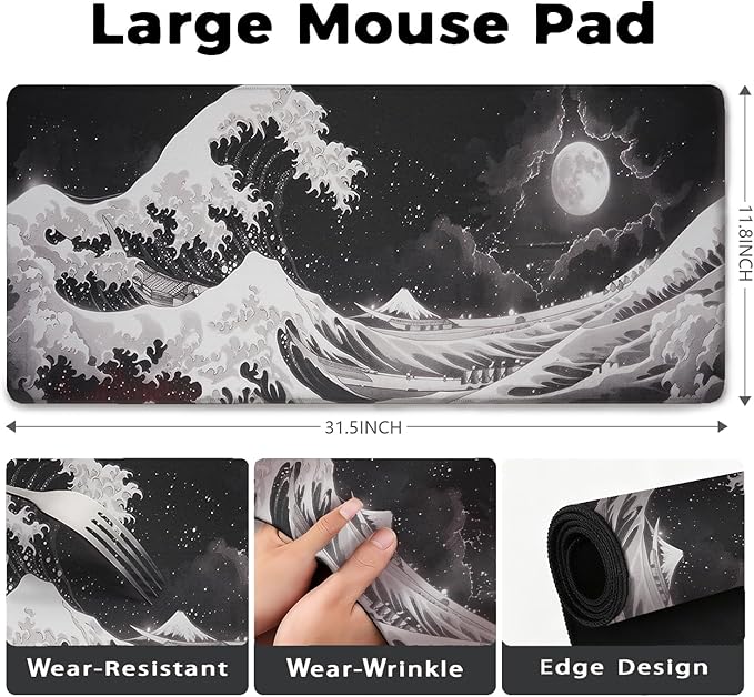 Black Wave of Kanagawa Patterns Desk Mat, Large Gaming Mouse Pad Non-Slip Rubber Base with Stitched Edges, Waterproof Protection for PC Laptop Home Office Desk Decor (31.5x11.8in)