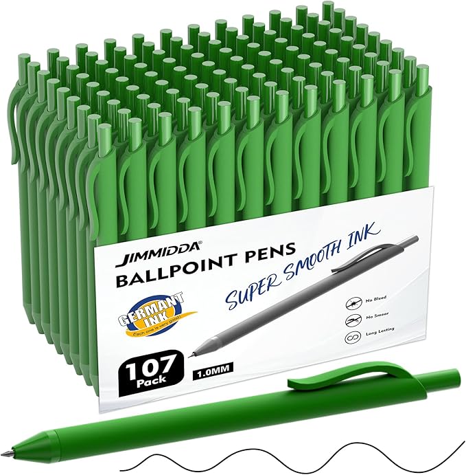 Ballpoint Pens Bulk - 107 Pcs Black Ink Pens in Bulk | 1.0 Medium Point Smooth Writing, Retractable No Bleed Ball Point Pen for Men Women (Green Barrel)
