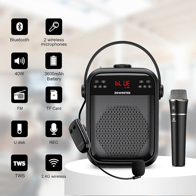 ZOWEETEK Wireless Voice Amplifier Handheld and Headset Microphones for Teachers, Voice Amplifier Microphone, Portable Megaphone Buletooth Speaker for Classroom, Meeting, Group outings, Party, Karaoke