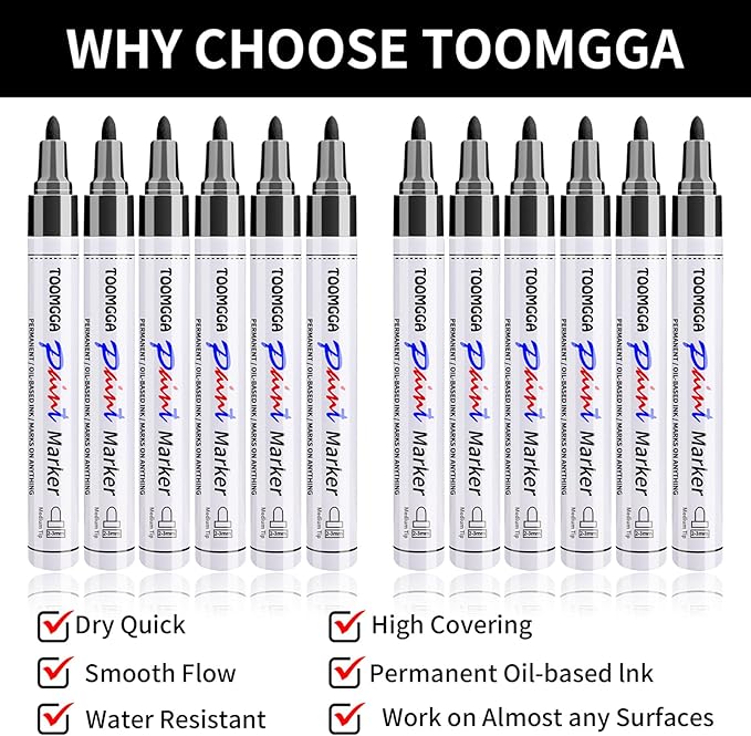 Black Paint Pens Permanent Paint Markers - 12 Pack Oil Based Marking Pens, Medium Point, Quick Drying and Waterproof for Rock Painting Car Tyre Metal, Plastic, Canvas, Wood