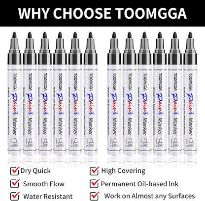 Black Paint Pens Permanent Paint Markers - 12 Pack Oil Based Marking Pens, Medium Point, Quick Drying and Waterproof for Rock Painting Car Tyre Metal, Plastic, Canvas, Wood