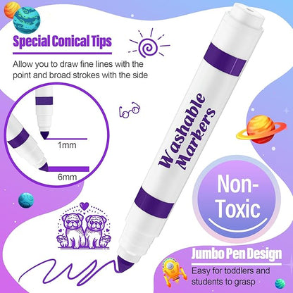 Janlaugh 24 Pcs Washable Markers Bulk Broad Line Markers Coloring Conical Tip Large pens for Kids art projects, Teachers, Students, Toddlers, Party Favors, Classrooms, Donations(Purple)