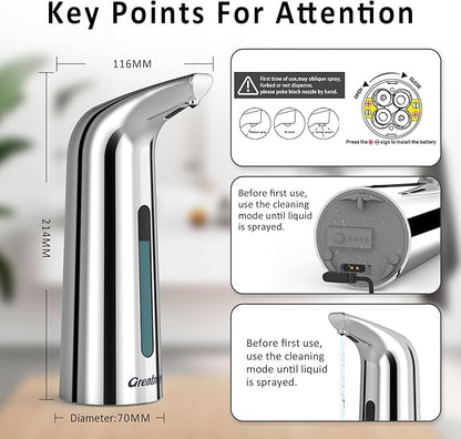 Convenient Automatic Soap Dispenser,4 Adjustable Levels Touchless Hand Sanitizer Pump with Infrared Sensor, 400 ml Countertop Electric Soap Dispenser for Bathroom,Kitchen (Silver+Silver)